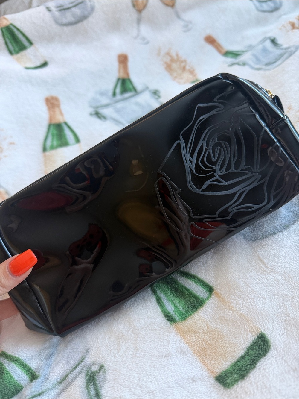 Lancome Black Patent Rose Cosmetic Bag